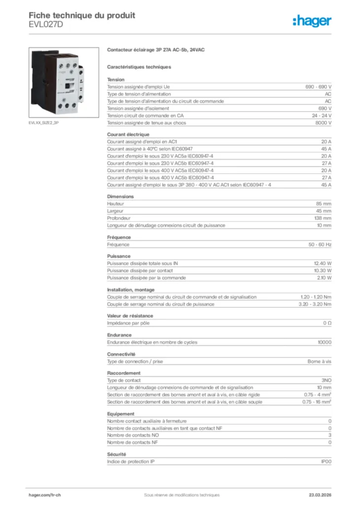 Image Hager Fiche technique du produit EVL027D | Hager Suisse