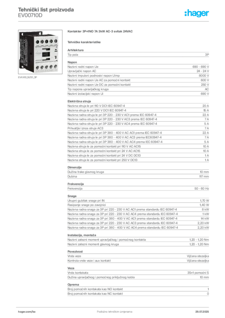 Slika Hager Product data sheet EV00710D  | Hager