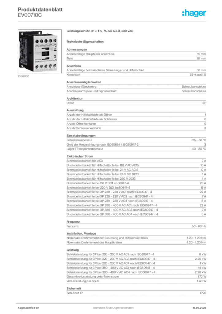 Bild Hager Produktdatenblatt EV00710C | Hager Schweiz