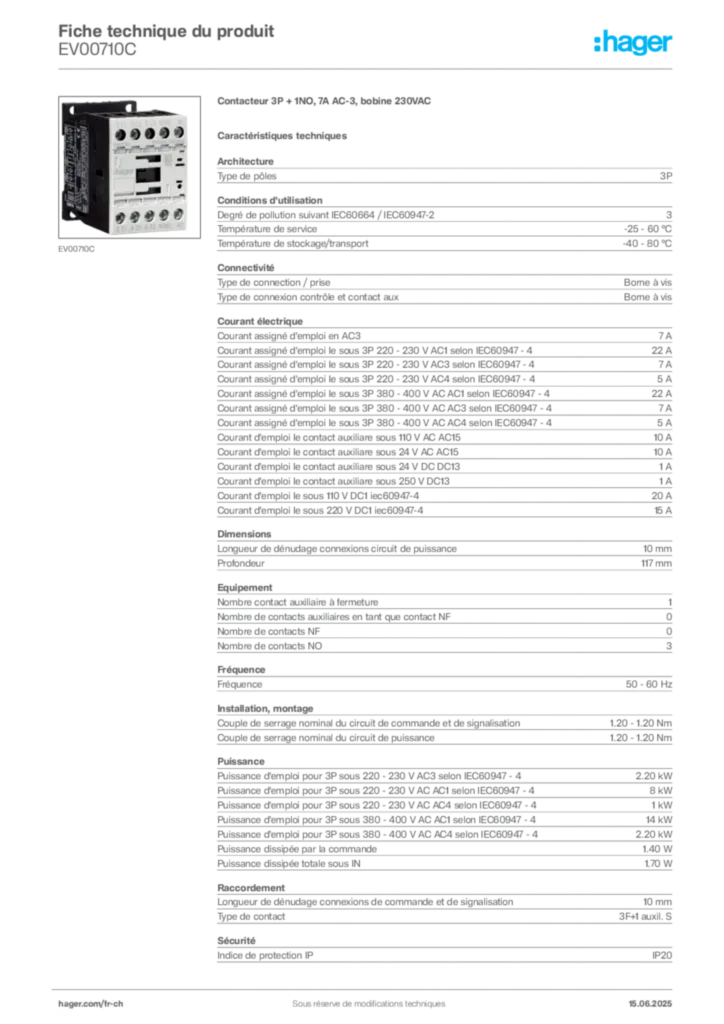 Image Hager Fiche technique du produit EV00710C | Hager Suisse