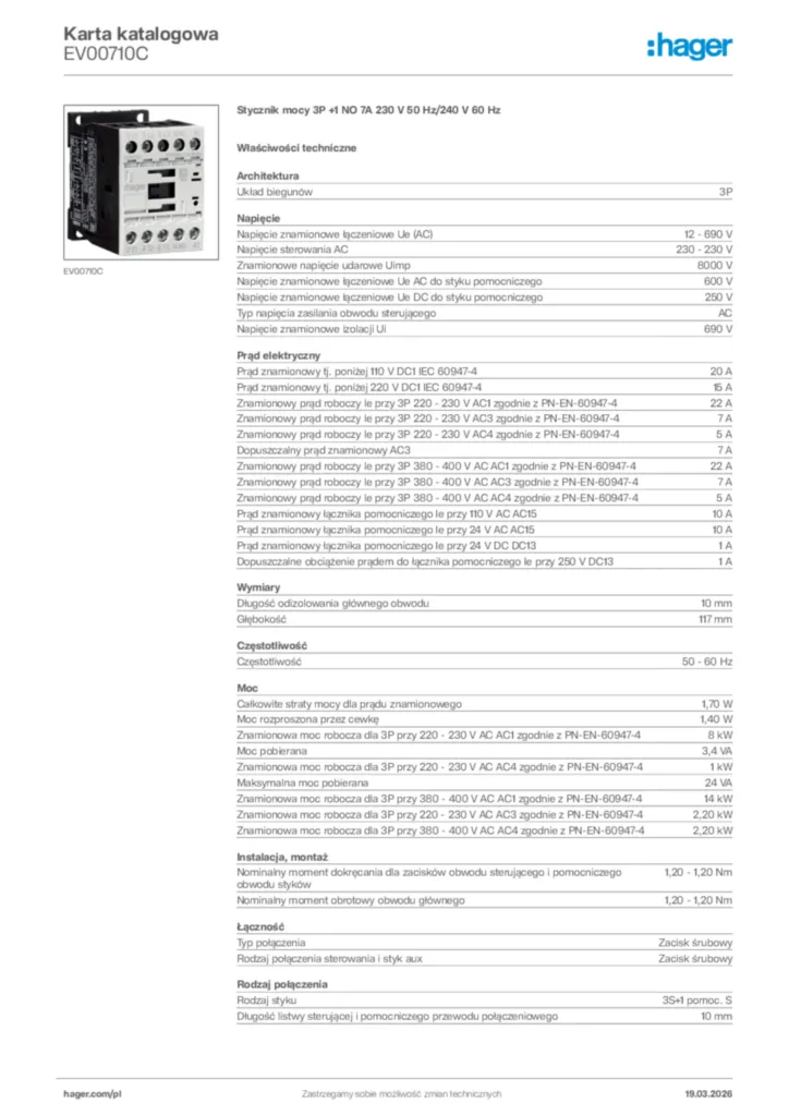 Zdjęcie Hager Karta katalogowa EV00710C | Hager Polska