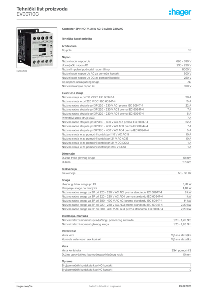 Slika Hager Product data sheet EV00710C  | Hager