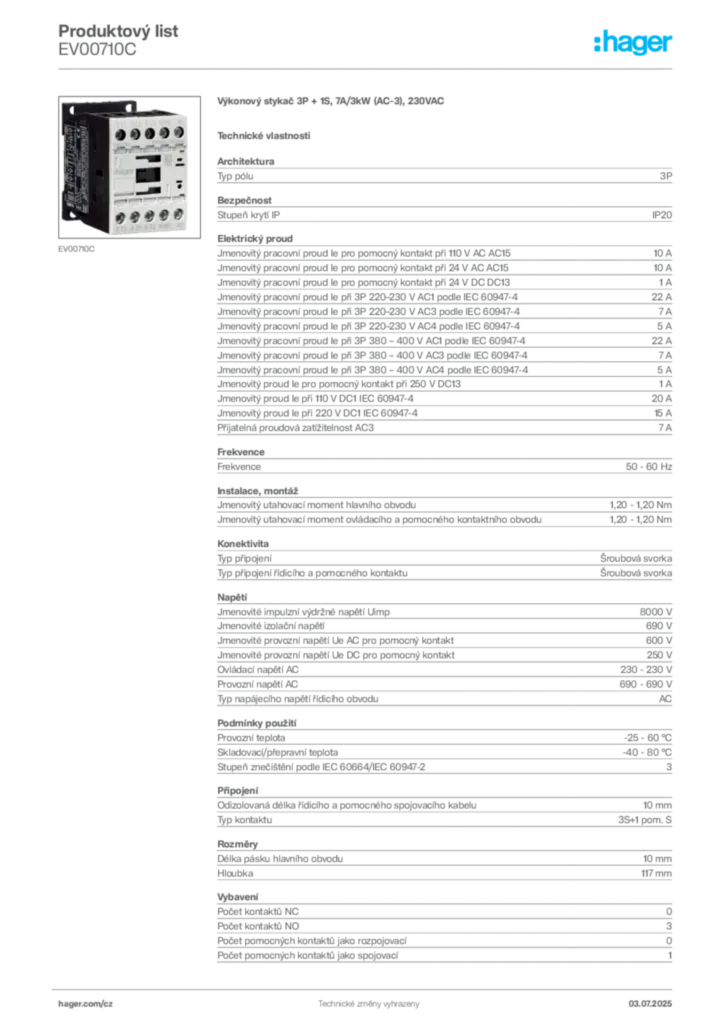 Obrázek Hager Produktový list EV00710C | Hager