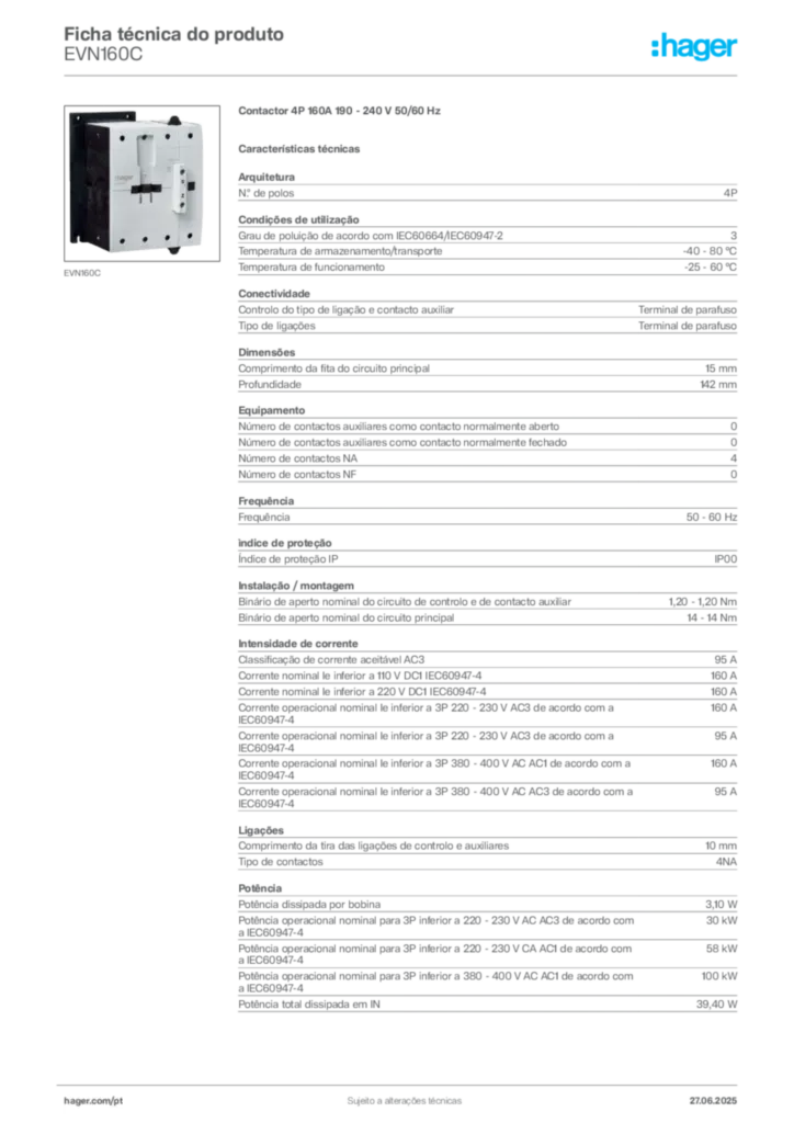 Imagem Hager Ficha técnica do produto EVN160C | Hager Portugal