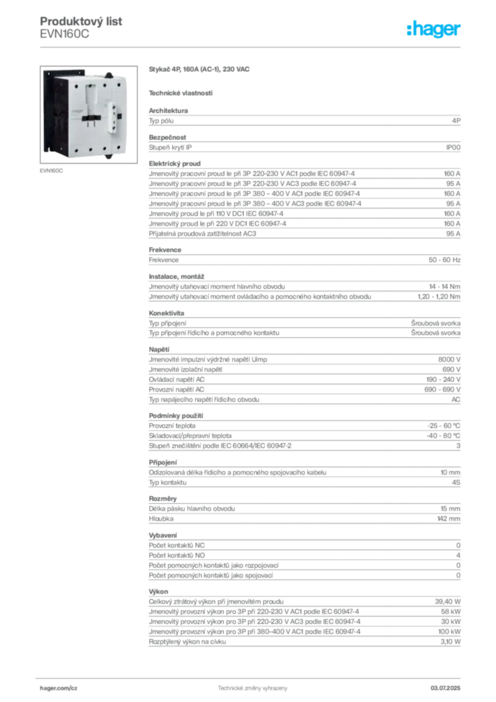 Obrázek Hager Produktový list EVN160C | Hager