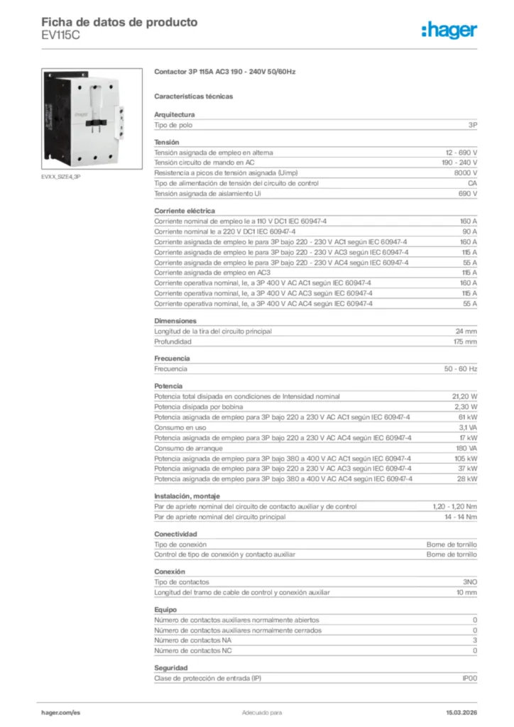 Imagen Hager Ficha de datos de producto EV115C | Hager España