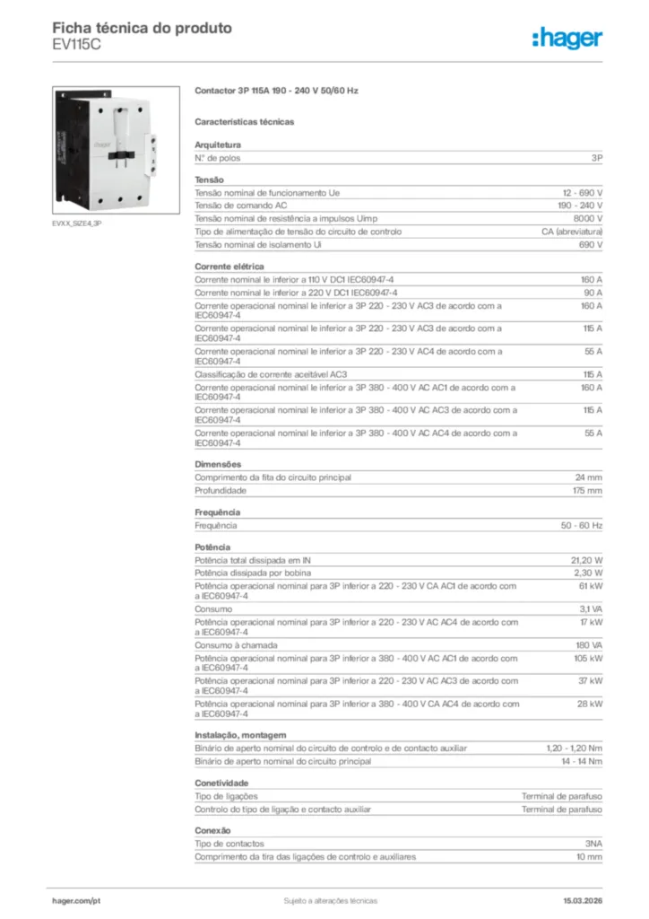 Imagem Hager Ficha técnica do produto EV115C | Hager Portugal