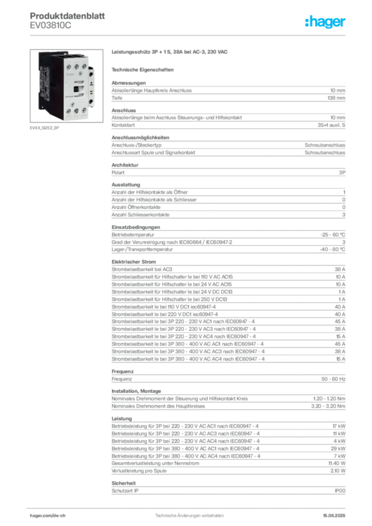 Bild Hager Produktdatenblatt EV03810C | Hager Schweiz