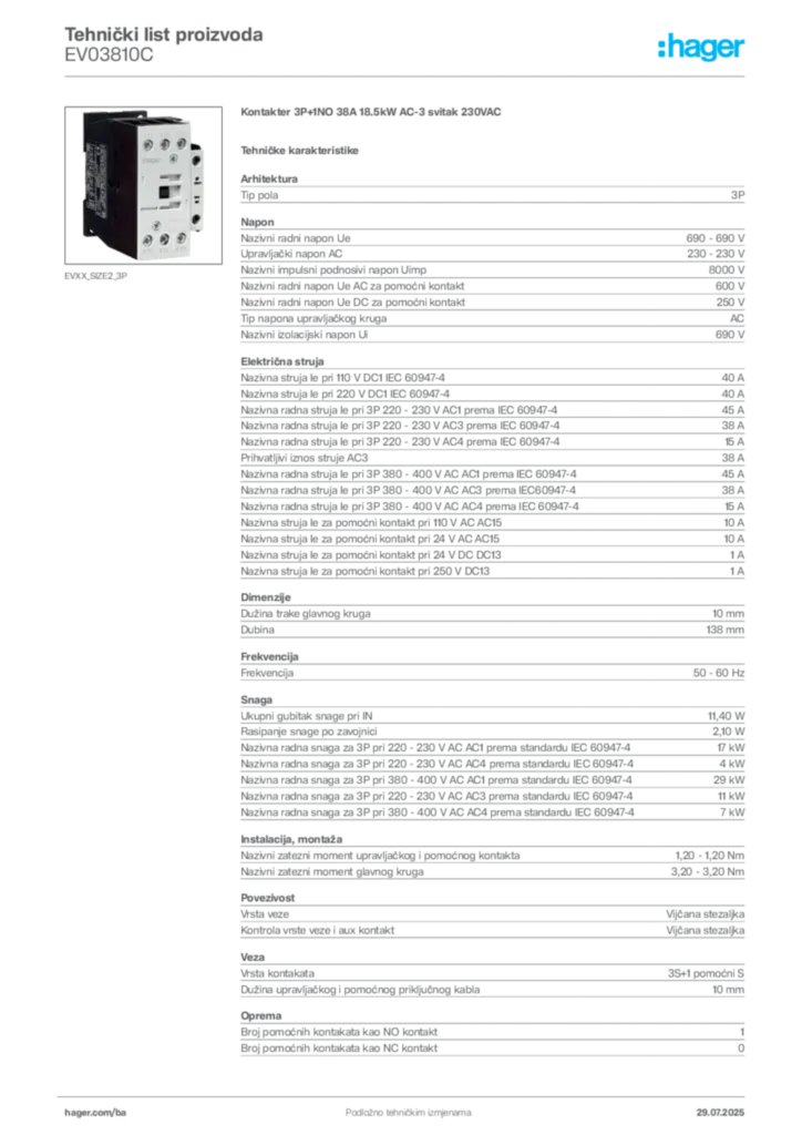 Slika Hager Product data sheet EV03810C  | Hager