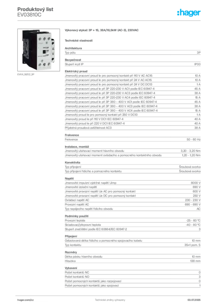 Obrázek Hager Produktový list EV03810C | Hager
