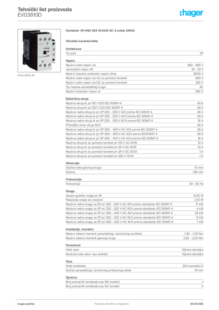 Slika Hager Product data sheet EV03810D  | Hager
