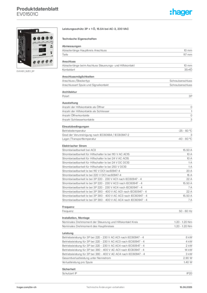 Bild Hager Produktdatenblatt EV01501C | Hager Schweiz