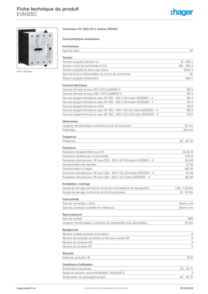 Image Hager Fiche technique du produit EVN125C | Hager Suisse