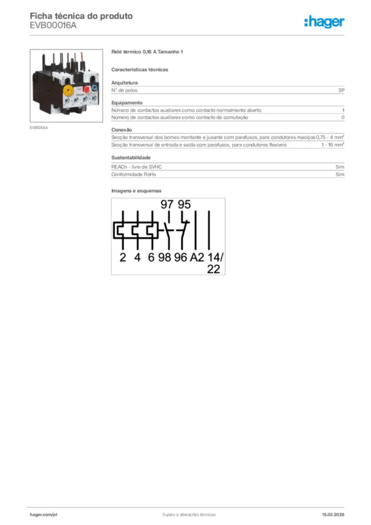 Imagem Hager Ficha técnica do produto EVB00016A | Hager Portugal