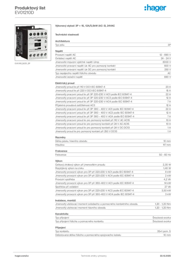 Obrázek Hager Product data sheet EV01210D | Hager