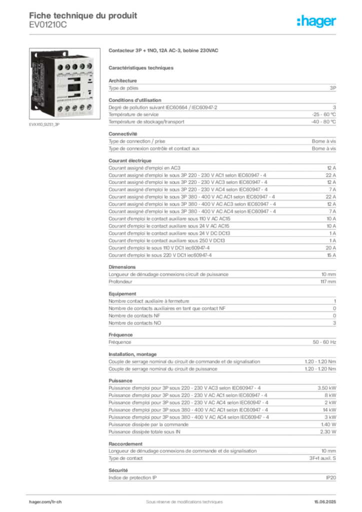 Image Hager Fiche technique du produit EV01210C | Hager Suisse