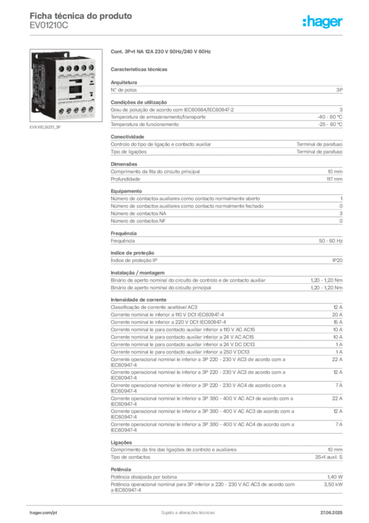 Imagem Hager Ficha técnica do produto EV01210C | Hager Portugal