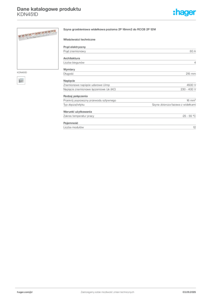 Zdjęcie Hager Dane katalogowe produktu KDN451D | Hager Polska