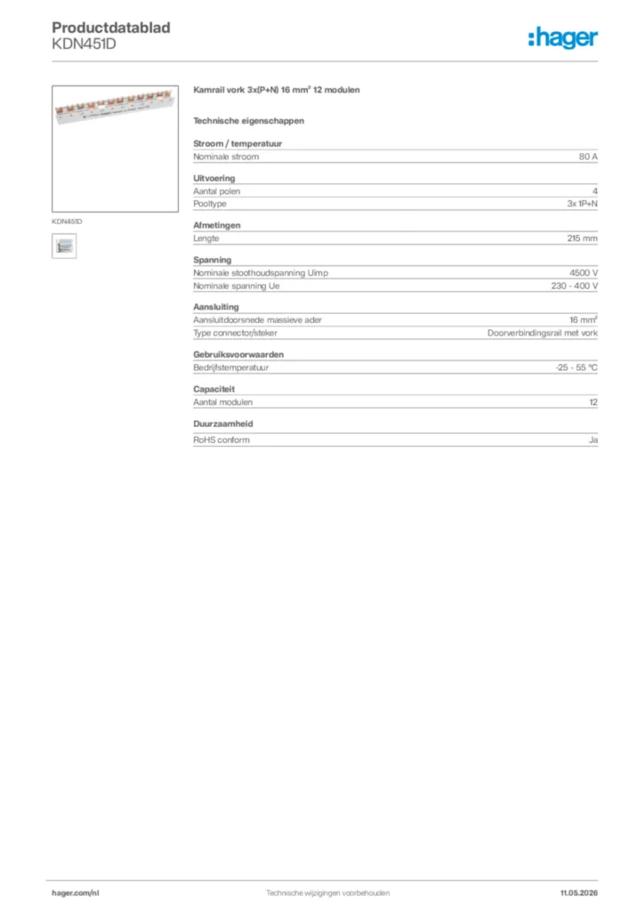 Afbeelding Hager Productdatablad KDN451D | Hager Nederland