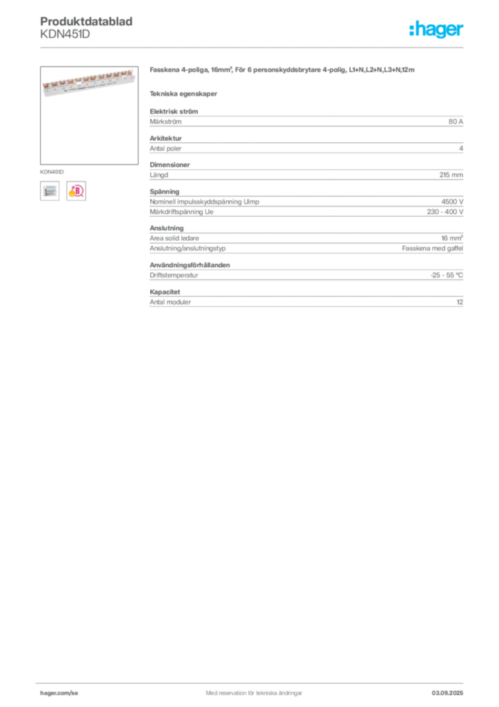 Bild Hager Produktdatablad KDN451D | Hager Sverige