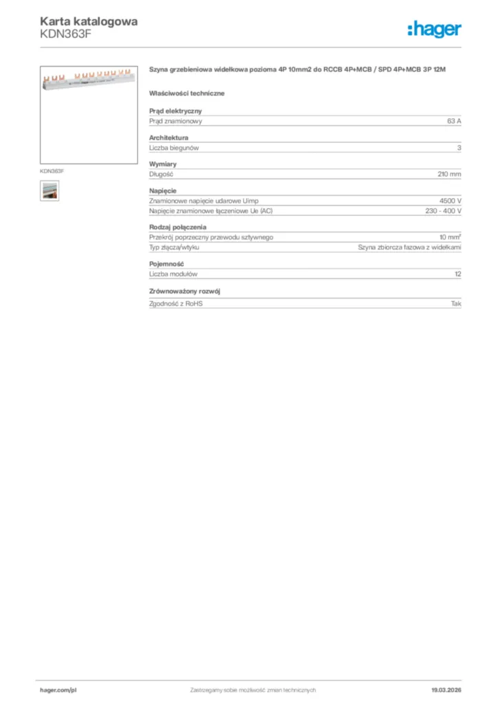 Zdjęcie Hager Karta katalogowa KDN363F | Hager Polska