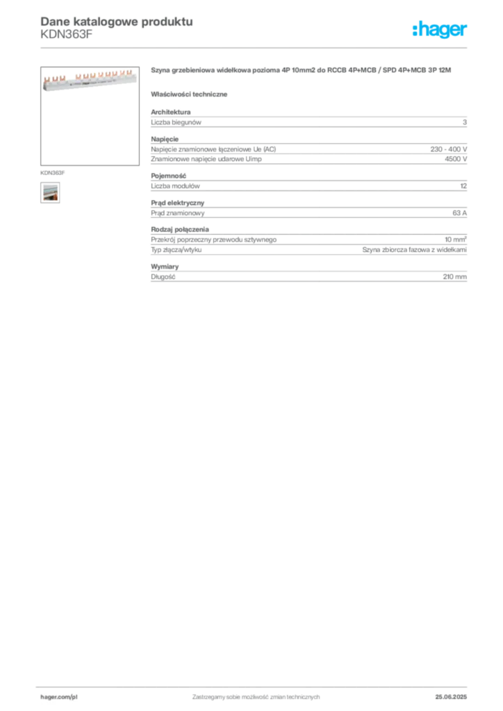 Zdjęcie Hager Dane katalogowe produktu KDN363F | Hager Polska