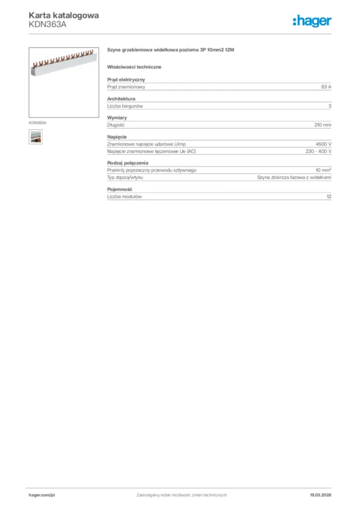 Zdjęcie Hager Karta katalogowa KDN363A | Hager Polska