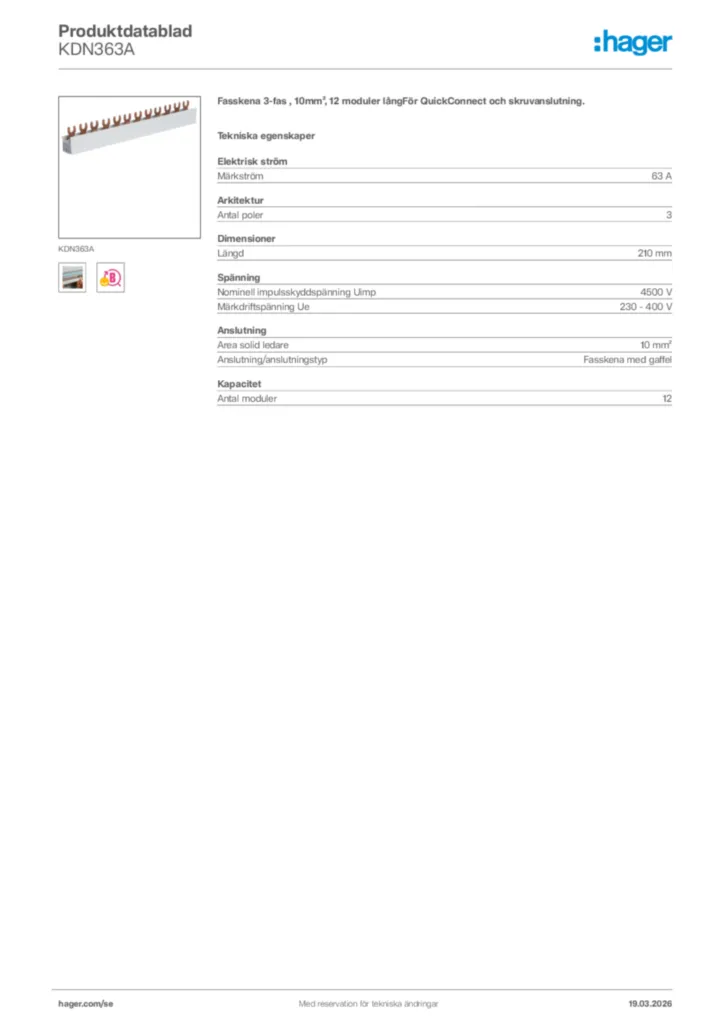 Bild Hager Produktdatablad KDN363A | Hager Sverige