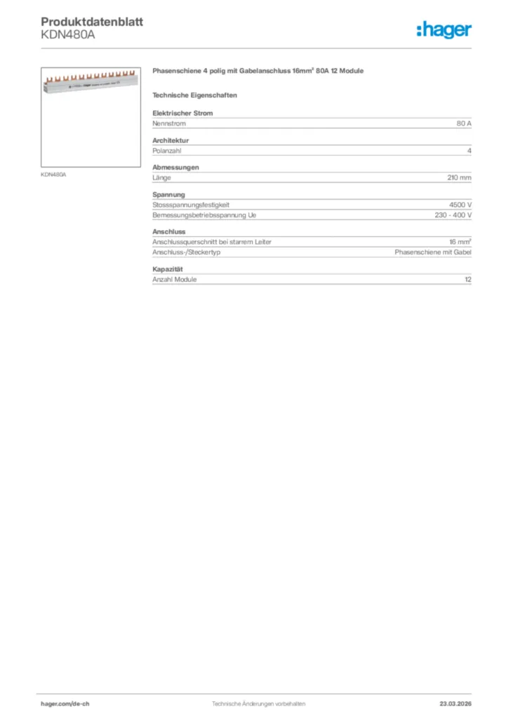 Bild Hager Produktdatenblatt KDN480A | Hager Schweiz