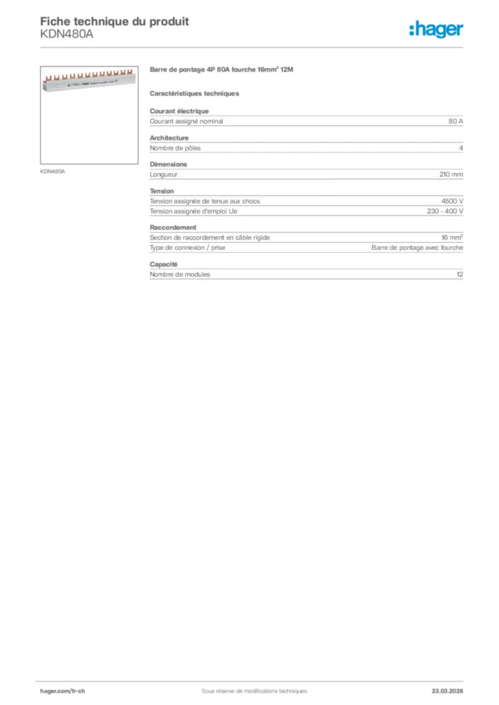 Image Hager Fiche technique du produit KDN480A | Hager Suisse