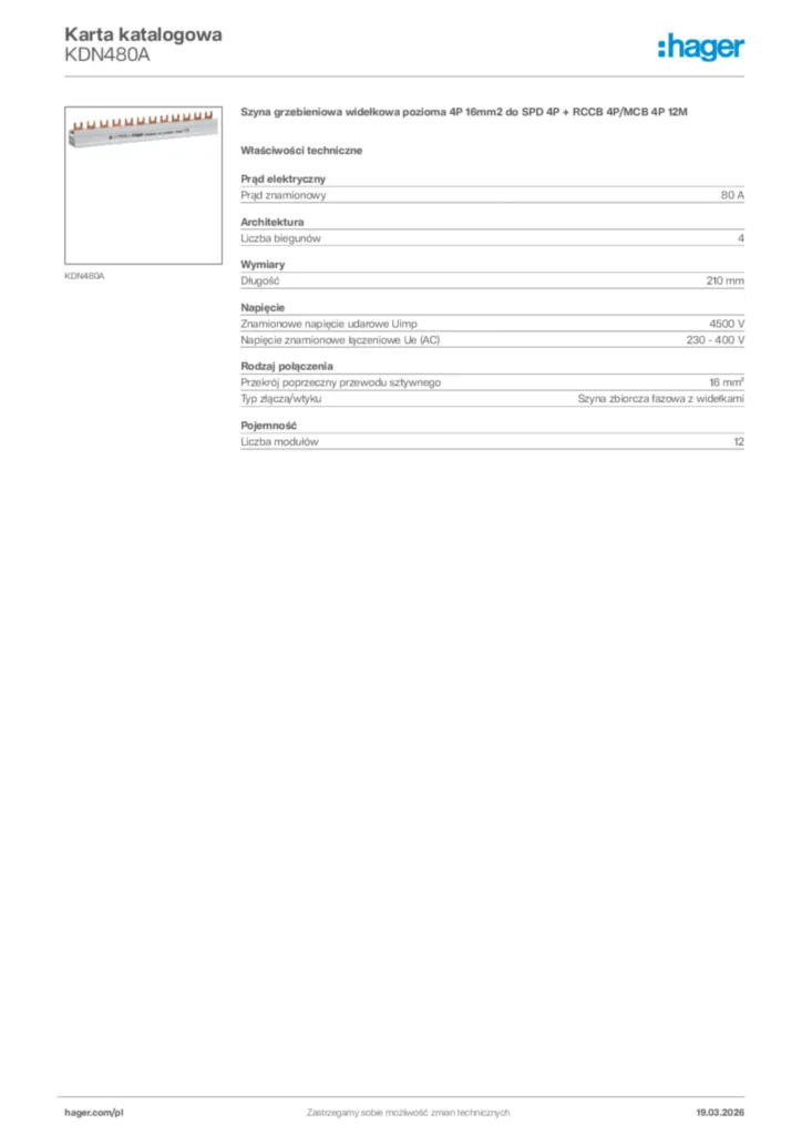 Zdjęcie Hager Karta katalogowa KDN480A | Hager Polska