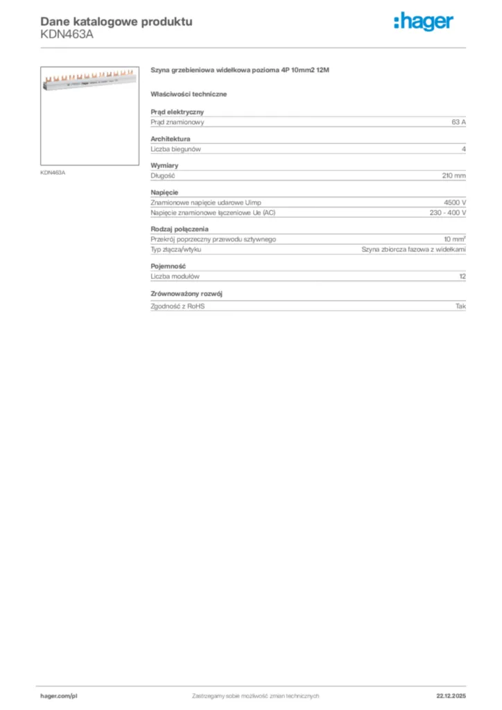 Zdjęcie Hager Karta katalogowa KDN463A | Hager Polska