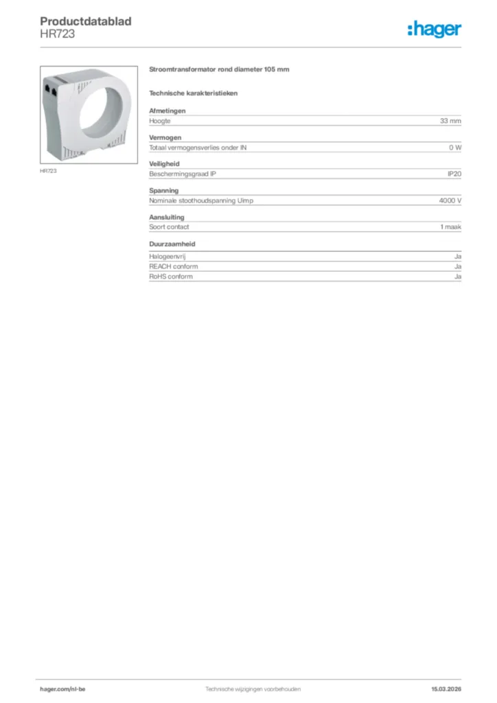 Afbeelding Hager Productdatablad HR723 | Hager Belgium