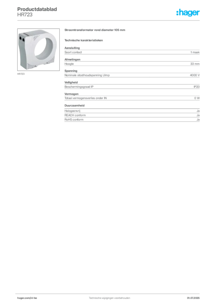 Afbeelding Hager Productdatablad HR723 | Hager Belgium