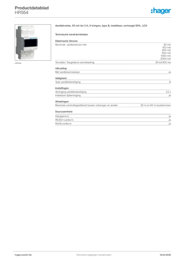 Afbeelding Hager Productdatablad HR554 | Hager Belgium