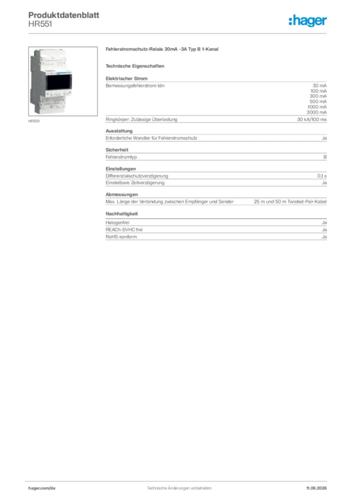 Bild Hager Produktdatenblatt HR551 | Hager Deutschland