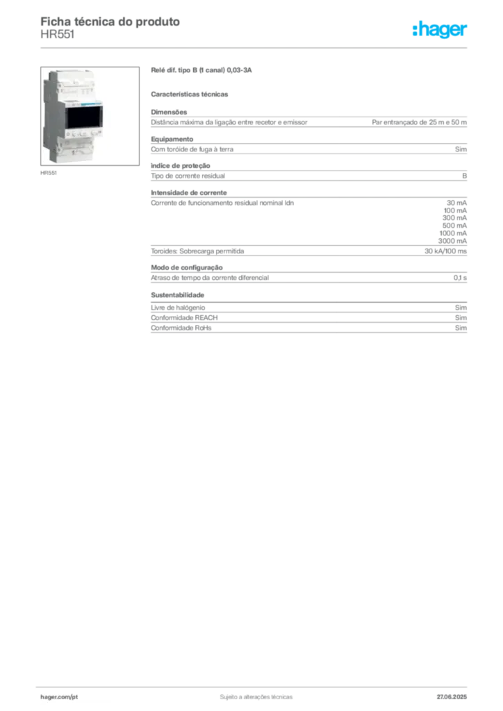 Imagem Hager Ficha técnica do produto HR551 | Hager Portugal