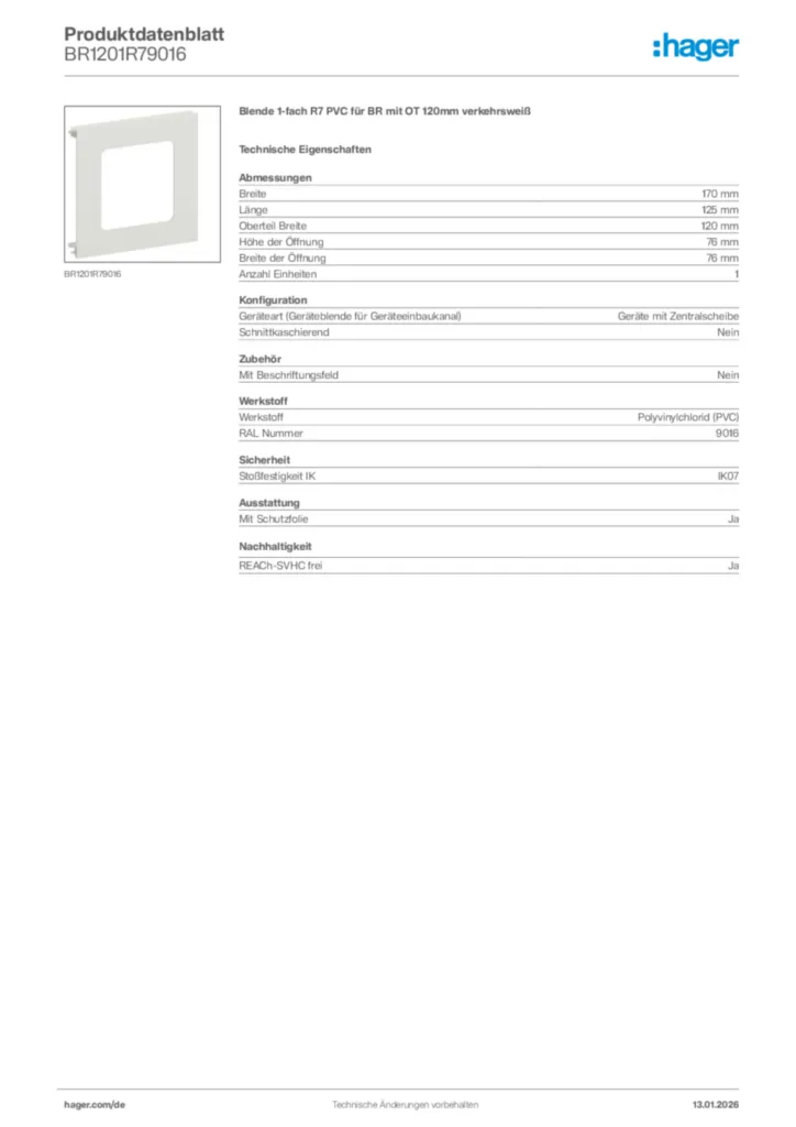 Bild Hager Produktdatenblatt BR1201R79016 | Hager Deutschland