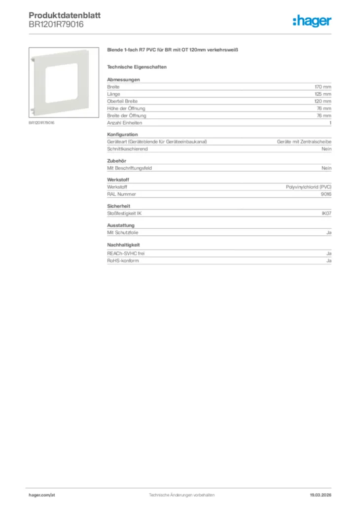 Bild Hager Produktdatenblatt BR1201R79016 | Hager Deutschland