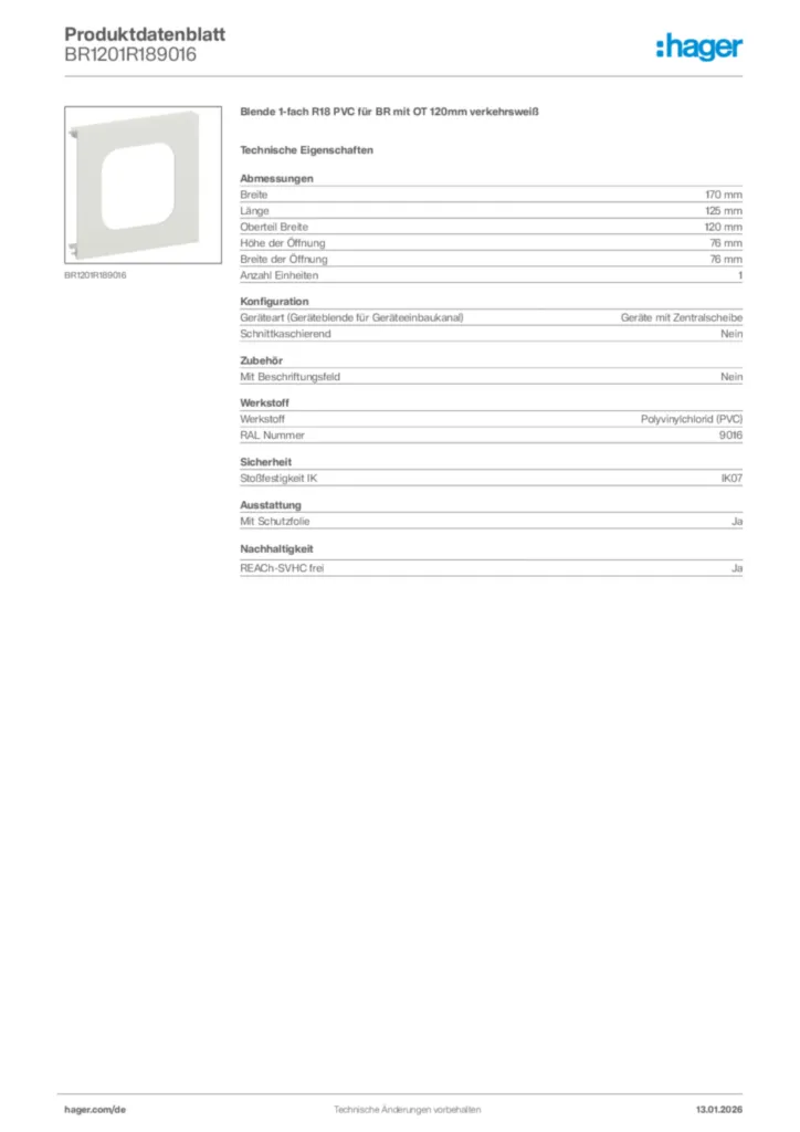 Bild Hager Produktdatenblatt BR1201R189016 | Hager Deutschland