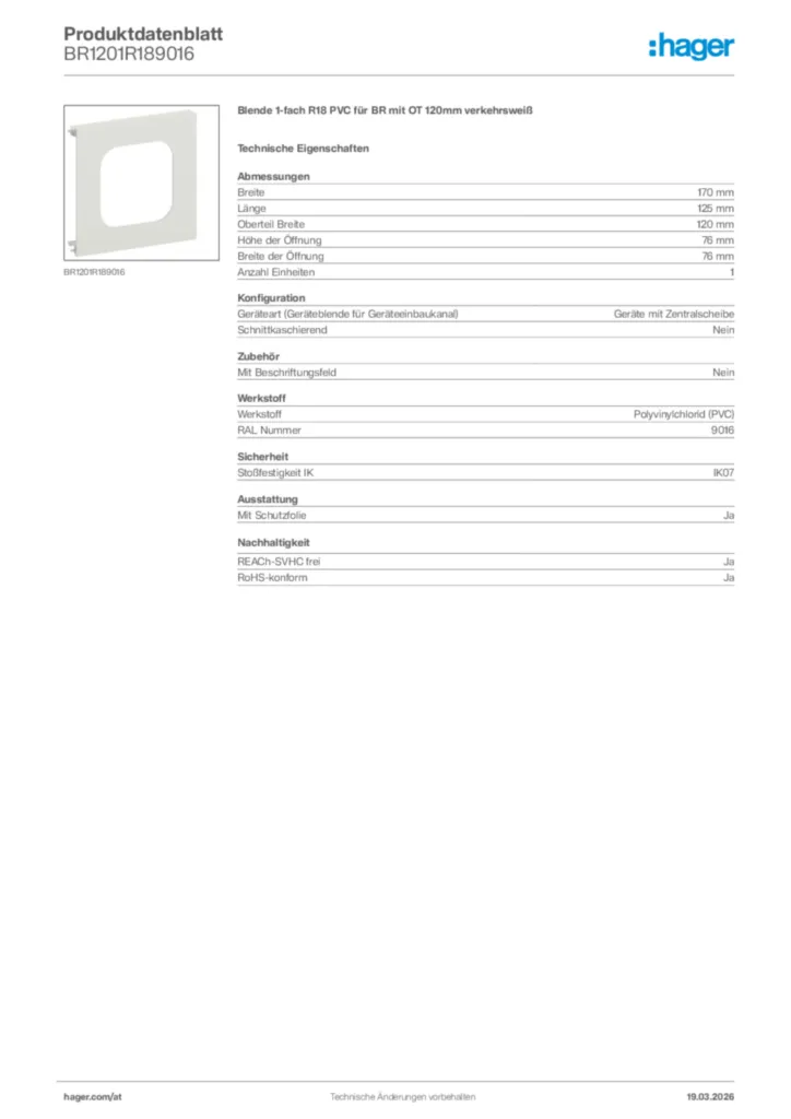Bild Hager Produktdatenblatt BR1201R189016 | Hager Deutschland