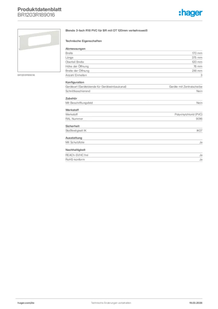 Bild Hager Produktdatenblatt BR1203R189016 | Hager Deutschland