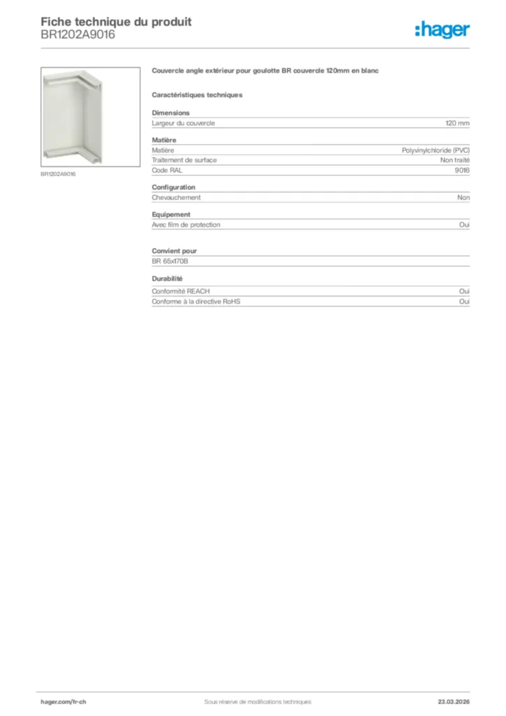 Image Hager Fiche technique du produit BR1202A9016 | Hager Suisse
