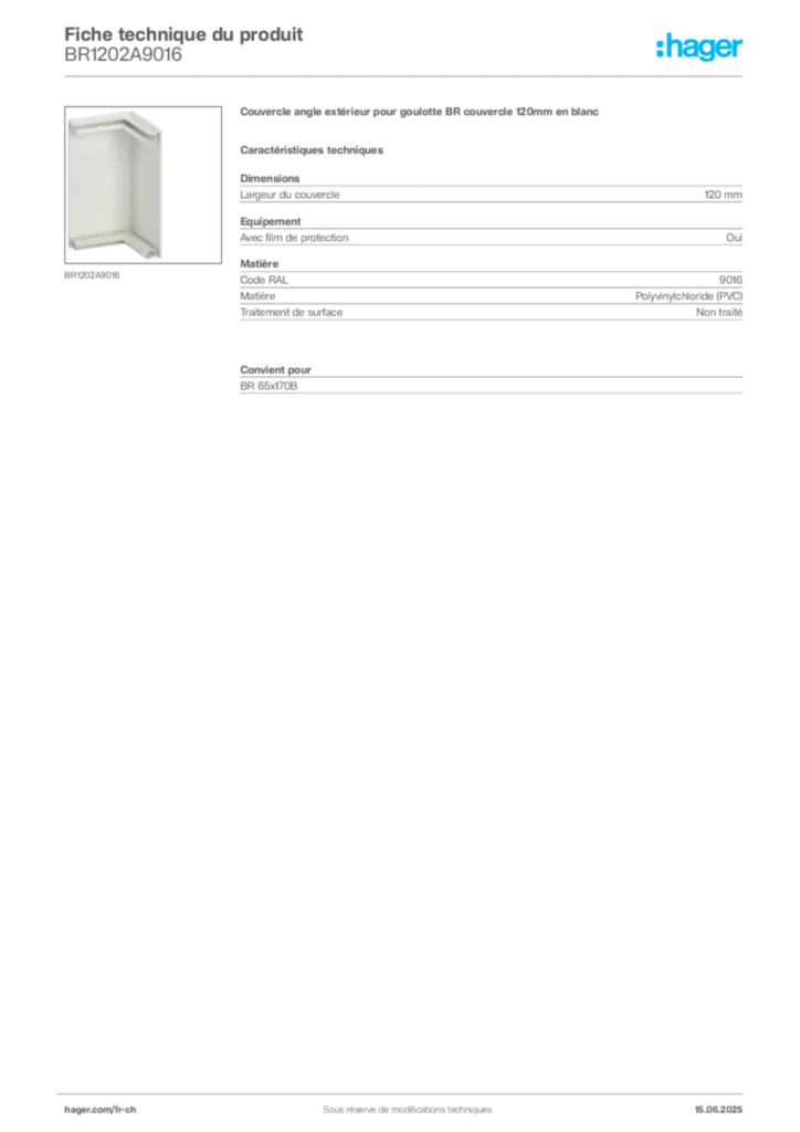 Image Hager Fiche technique du produit BR1202A9016 | Hager Suisse