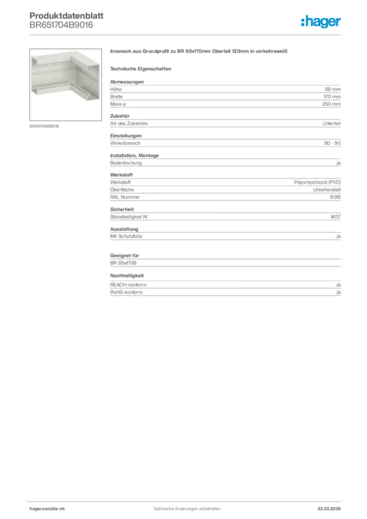 Bild Hager Produktdatenblatt BR651704B9016 | Hager Schweiz