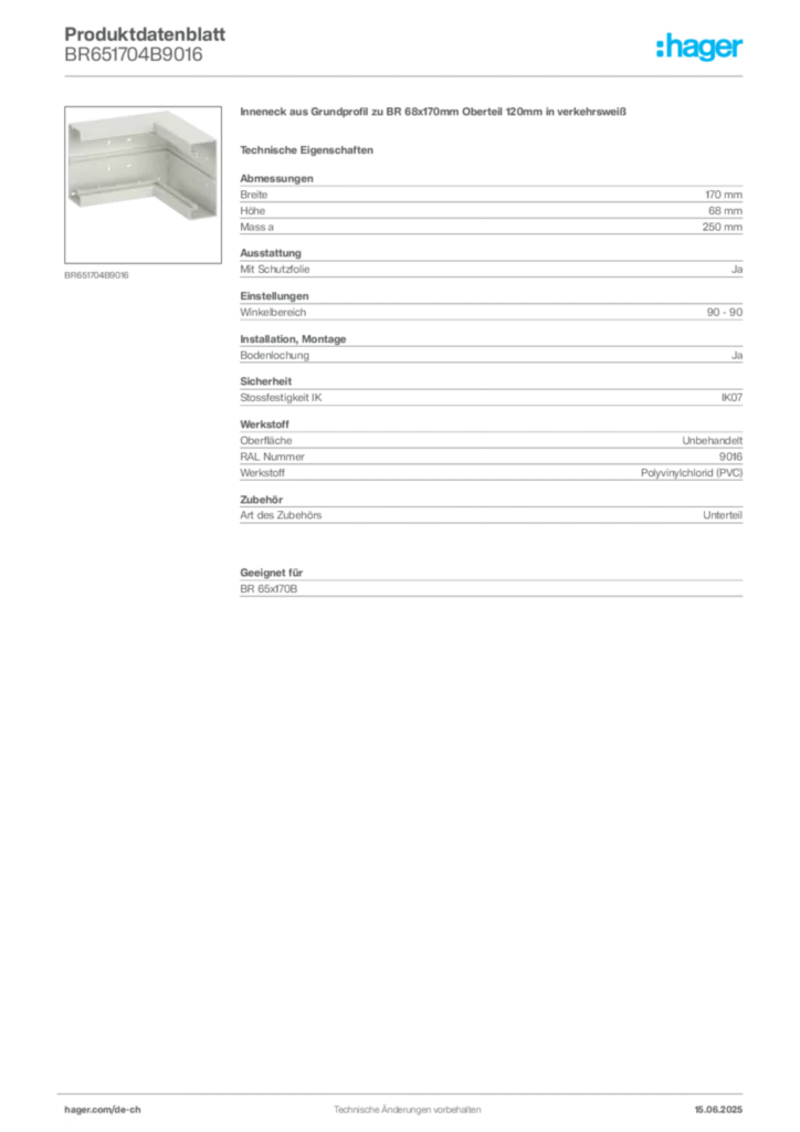 Bild Hager Produktdatenblatt BR651704B9016 | Hager Schweiz