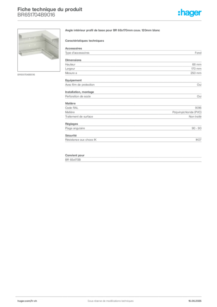 Image Hager Fiche technique du produit BR651704B9016 | Hager Suisse