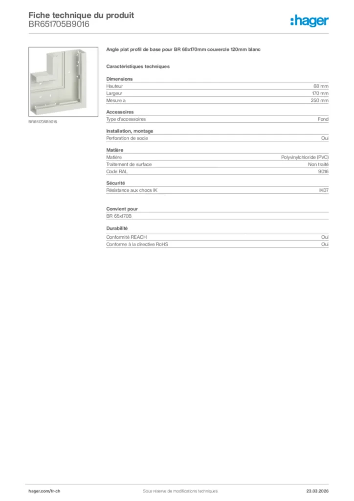 Image Hager Fiche technique du produit BR651705B9016 | Hager Suisse