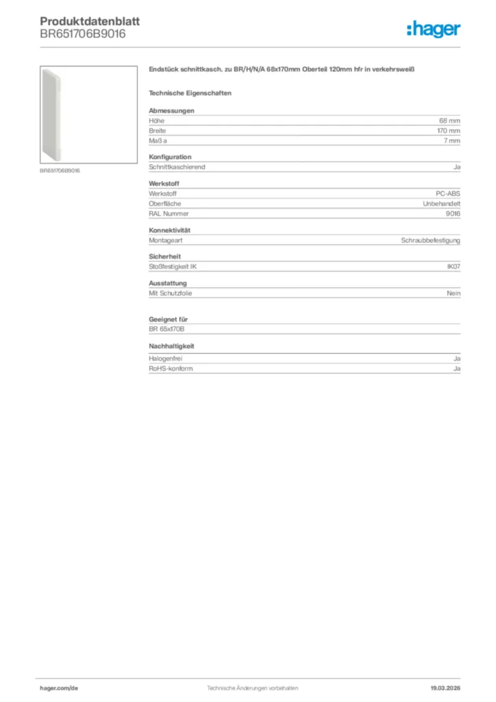 Bild Hager Produktdatenblatt BR651706B9016 | Hager Deutschland