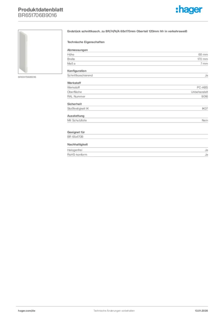 Bild Hager Produktdatenblatt BR651706B9016 | Hager Deutschland